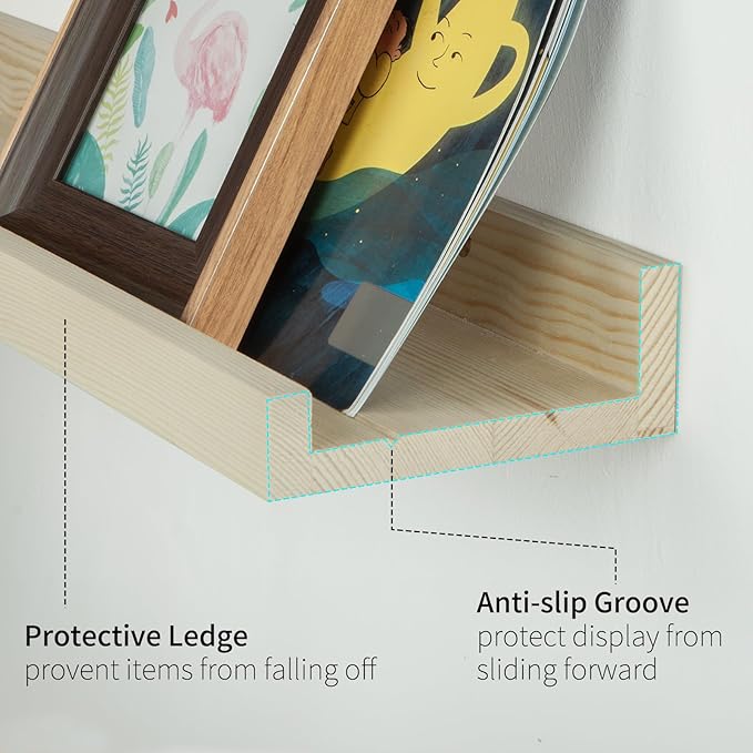 SAUMONIERES Picture Ledge Shelf Floating Book Shelves Set of 2 Wall Mounted Solid Wood for Bedroom Bathroom Living Room Kitchen, 55 Inch Natural