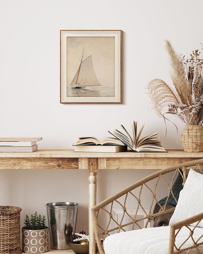 InSimSea Framed Canvas Wall Art of Large Coastal Sailboat - Wall Decor Classical Coastal Art Work Living Room Decor, White Sailboat Sea Gallery Oil Painting Art, Large Home Decor Artwork 10x12In