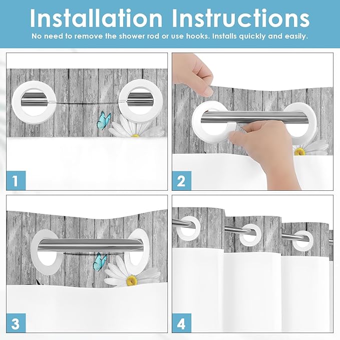 No Hook Flower Daisy Shower Curtain with Snap in Fabric Liner Set, Gray Wooden Boards Double Layers Waterproof Fabric with See Through Top Window Open Grommet Bath Curtain 71x86 Inch