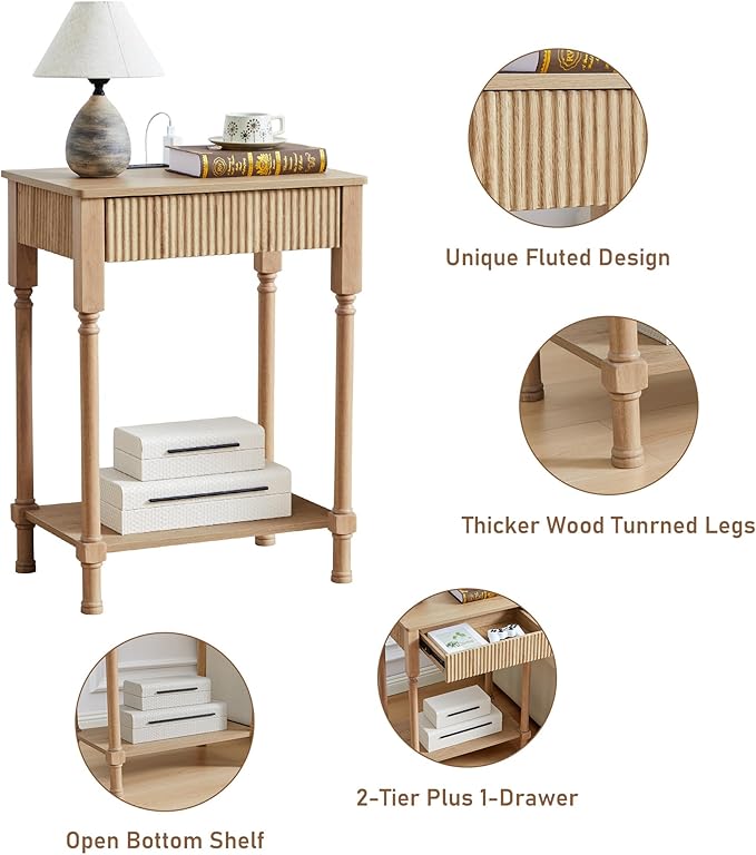 23.6” Large End Table with Charging Station, Set of 2, Modern Farmhouse Side Table Sofa Tables with Fluted Drawer, Wooden Bedside Table Night Stand for Bedroom Living Room Home Office,Natural