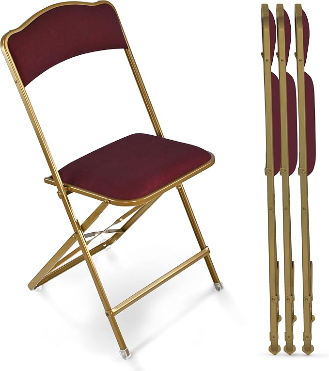 Folding Chairs with Padded Seats 4 Pack - Foldable Chair with Heavy-Duty Steel Frame, Elegant Party Bridge Chairs, Home, Office, Indoor Outdoor Events - Gold/Burgundy Fabric