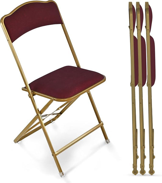 Folding Chairs with Padded Seats 4 Pack - Foldable Chair with Heavy-Duty Steel Frame, Elegant Party Bridge Chairs, Home, Office, Indoor Outdoor Events - Gold/Burgundy Fabric
