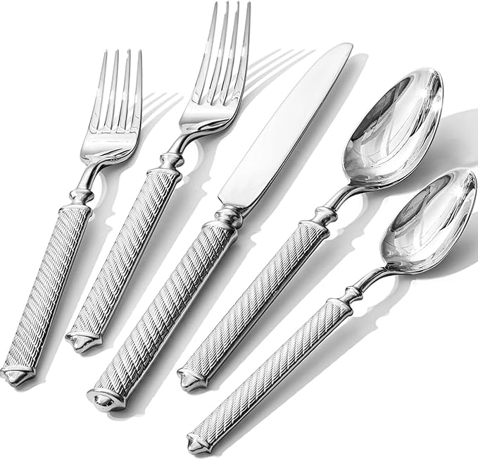 KINGSTONE Retro Rope-Pattern Silverware Set, 40-Piece Flatware Set Cutlery Set Forged with Handcrafted Texture Handles 18/10 Stainless Steel, Dishwasher Safe