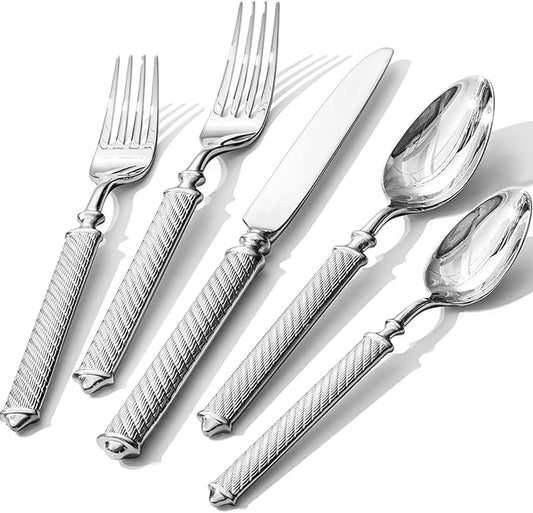 KINGSTONE Retro Rope-Pattern Silverware Set, 60-Piece Flatware Set Cutlery Set Forged with Handcrafted Texture Handles 18/10 Stainless Steel, Dishwasher Safe