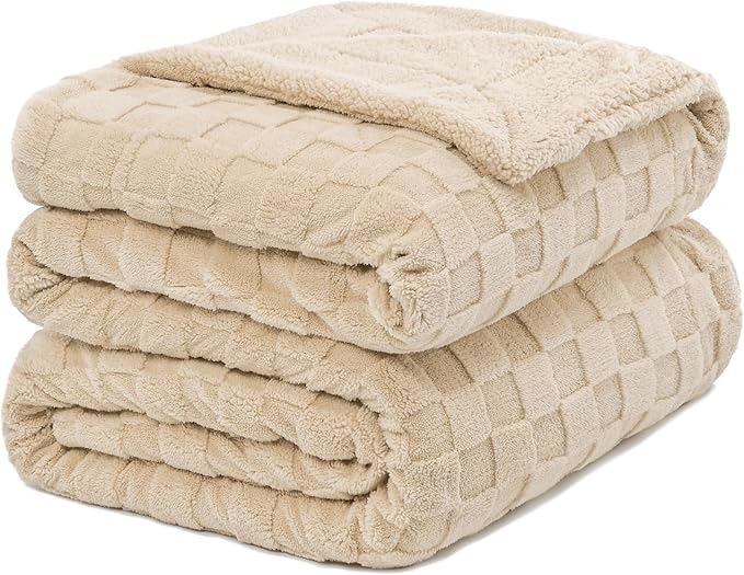 Pawque Super Soft Cozy Throw Blanket Queen Size for Couch Bed, Fluffy Sherpa Fleece Reversible Thick Warm Fuzzy Blanket for All-Season, 3D Checkered Jacquard Decorative Blankets, Khaki, 90"x90"