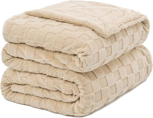 Pawque Super Soft Cozy Throw Blanket King Size for Couch Bed, Fluffy Sherpa Fleece Reversible Thick Warm Fuzzy Blanket for All-Season, 3D Checkered Jacquard Decorative Blankets, Khaki, 108"x90"