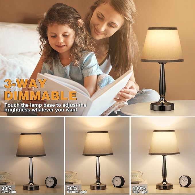 Kakanuo Touch Table Lamp for Bedroom Set, Small Bedside Lamps Set of 2 with USB C Charging Port, 3 Way Dimmable Touch Control Nightstand Lamps, LED Bulb Included