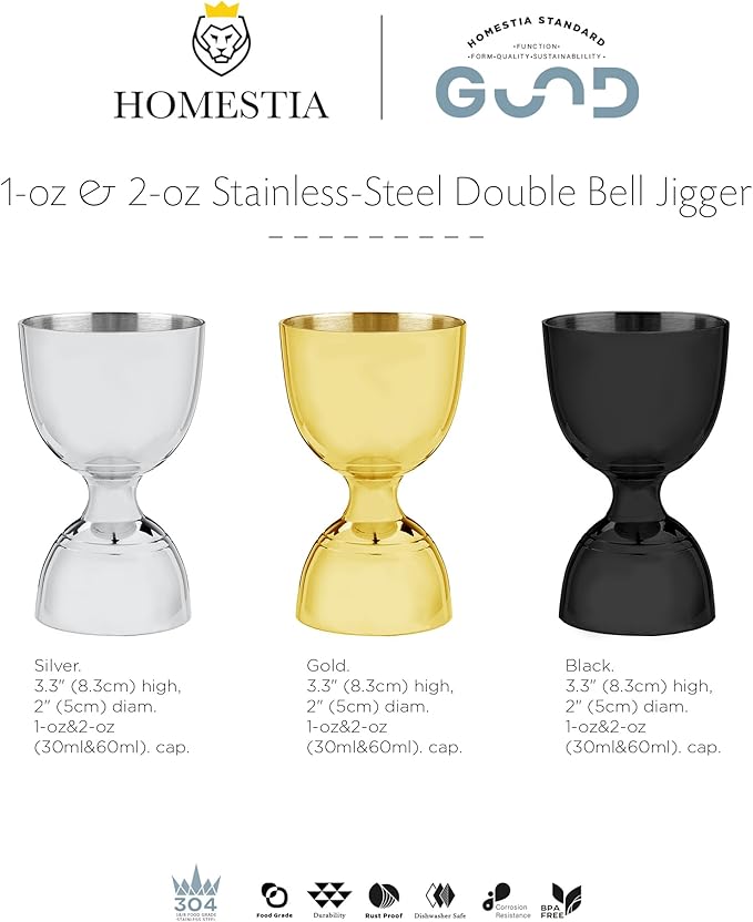 Homestia Premium Bell Jigger, with Measurements Inside 2 oz 1 oz, Shot Measure Double Jigger, Bar Jigger Liquor Alcohol Measuring for Bartending, Stainless Steel Bartender Jiggers with Pourer