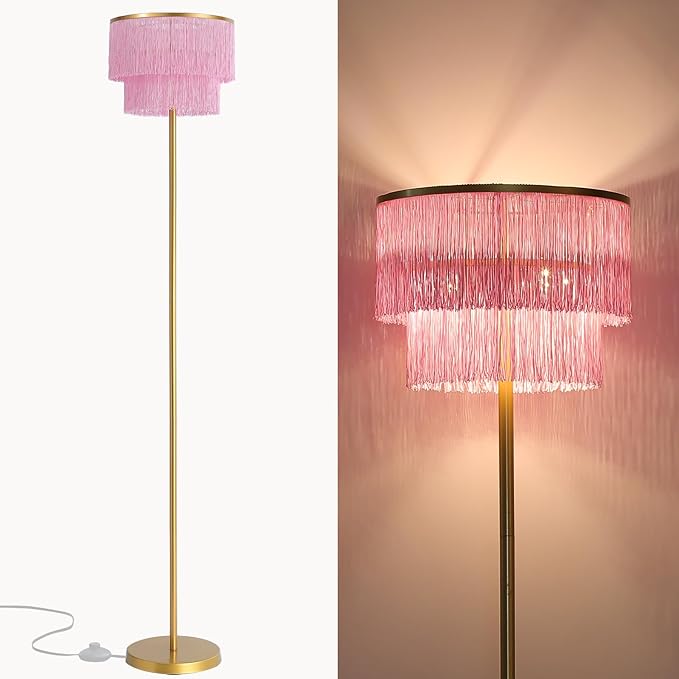 2 Light Gold & Pink Boho Floor Lamp with 2-Tier Tassels/Fringe Lampshade,66" Tall Mid Century Standing Bedroom Lamp,Soft Lighting Nursery Floor Lamp for Bedroom Livingroom