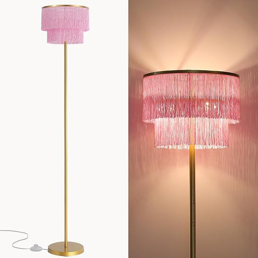 2 Light Gold & Pink Boho Floor Lamp with 2-Tier Tassels/Fringe Lampshade,66" Tall Mid Century Standing Bedroom Lamp,Soft Lighting Nursery Floor Lamp for Bedroom Livingroom