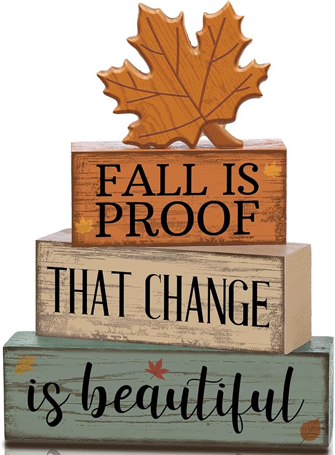 4 Pcs Fall Decoration for Home Wooden Maple Leaf Fall Tiered Tray Decor Thanksgiving Table Centerpiece Rustic Decorative Maple Leaf Block Signs Farmhouse Autumn Decoration for Home Kitchen