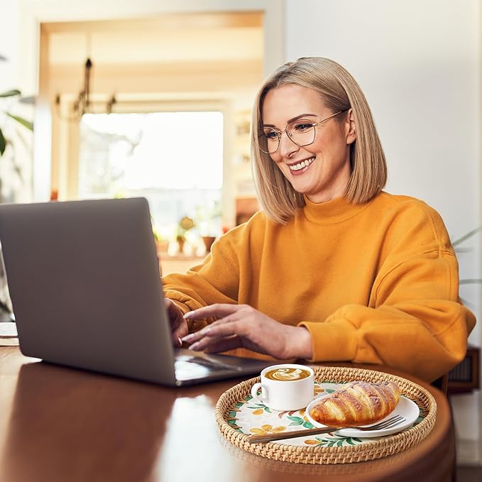 14" Large Rattan Serving Tray with Mother of Pearl, Round Coffee Table Tray Decor, Boho Decorative Hand-Woven Wicker Home Decor (Peony Flower)