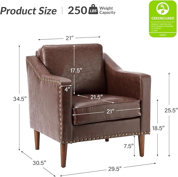 HULALA HOME Faux Leather Accent Armchairs Set of 2 with Back & Seat Cushions, Traditional Club Chairs with Nailhead Trim, Comfy Upholstered Sofa Chairs for Living Room Bedroom, Brown