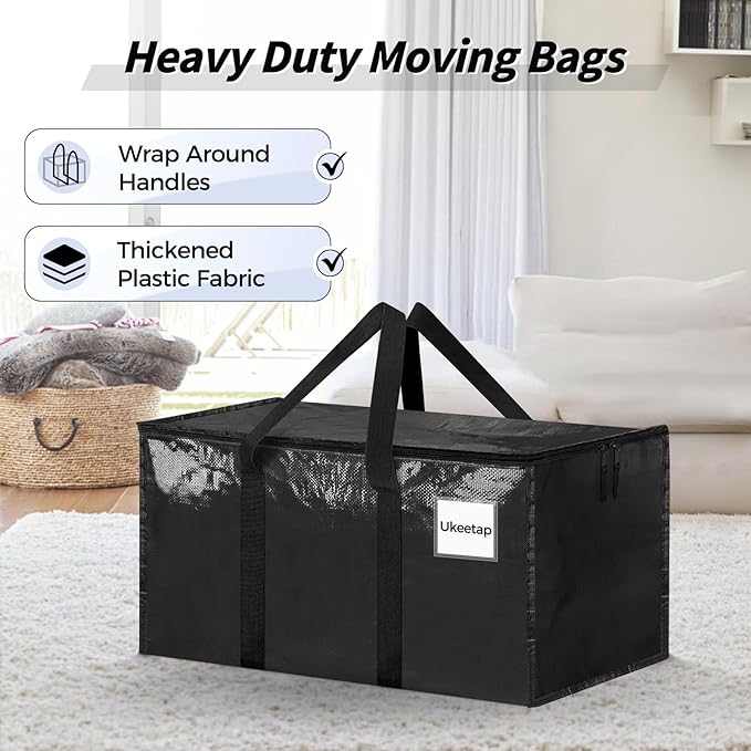 8 Pack Extra Large Heavy Duty Moving Bags, Black Storage Bins with Lids, Reinforced Handles & Heavy-Duty Zippers Moving Boxes Storage Bags Totes for Clothes Packing, Dorms, College Supplies, Black