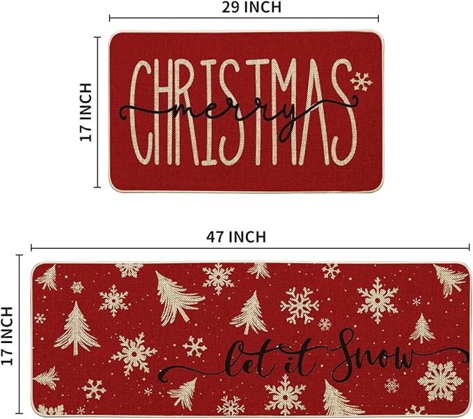 Artoid Mode Xmas Trees Snowflake Let It Snow Merry Christmas Kitchen Mats Set of 2, Winter Decor Low-Profile Kitchen Rugs - 17x29 and 17x47 Inch
