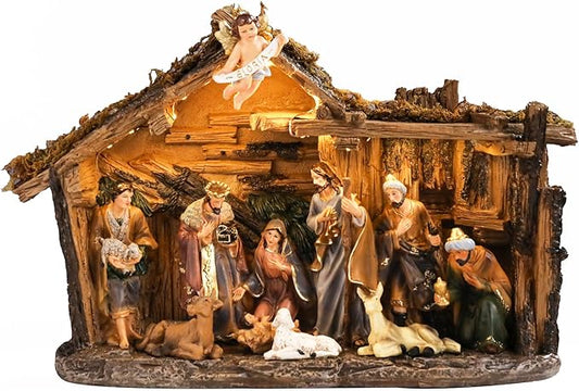 Christmas Nativity Set 9.5 Inch Village with LED Lights Figurine Nativity Music 3AA Batteries Interior Display Figurines Decorate Interior Room Tabletop Decor