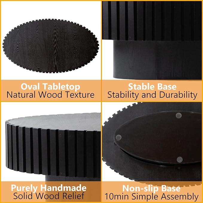 Modern Wood Coffee Table - Handcraft Drum Coffee Tables with Sturdy Base, Easy Assembly, Contemporary Style Small Coffee Table Tea Table for Living Room, Bedroom, Office (Black Oval)