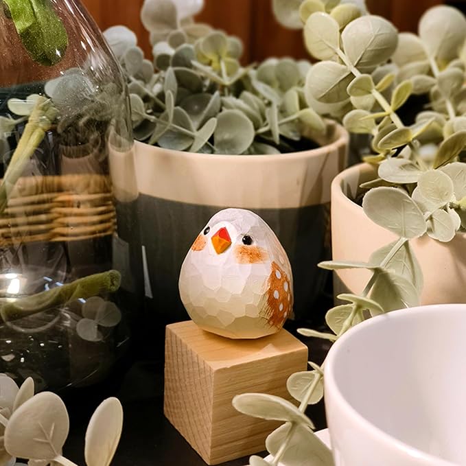 Handmade Wooden Carved Bird Decor Sculpted Hand-Painted Bird Figurines Small Home Decor Bird Statue Shelf Decor BFF Gifts for Bird Lovers (Brown Zebra Finch)