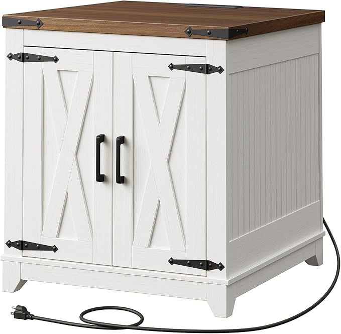 Farmhouse Side Table, Large End Table with Charging Station, Sofa Side Table with Adjustable Shelf and Barn Door, Wooden Nightstand for Living Room, Bedroom, Office, White and Walnut