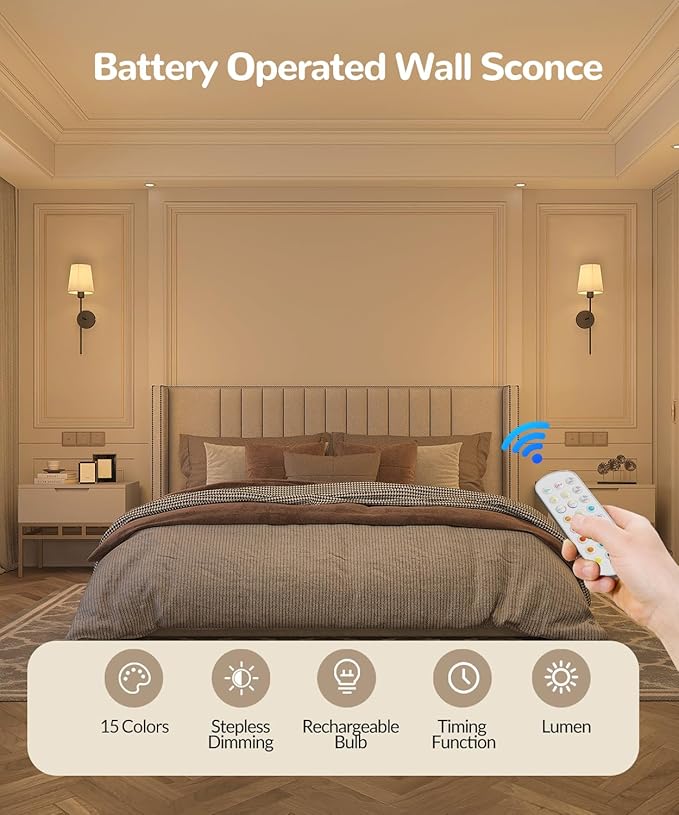 Battery Operated Wall Sconce Set of 2,Rechargeable Wall Lights with Dimmable Detachable Bulbs and Remote,15 Colors Wireless Wall Lamps for Bedroom Living Room Hallway,Black(2 Pack)
