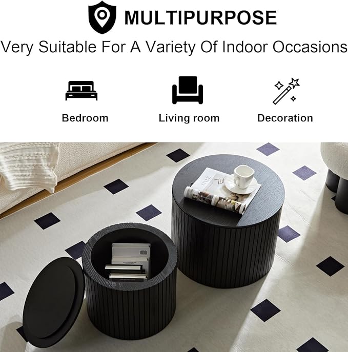 Round Storage Side Table Set of 2, Nesting Coffee Tables with Hidden Storage, Modern Wood Accent End Table for Living Room, Bedroom, Small Space, Minimalist Bedside Table, No Assembly(Black)