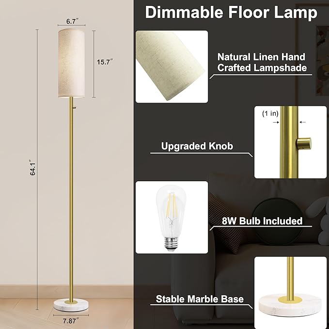 Gold Floor Lamp,Dimmable Floor Lamps for Living Room,Modern Standing Lamp with Marble Base,LED Bulb Included,Tall Floor Lamp for Bedroom, Living Room,Office,Reading and Nursery(Gold)