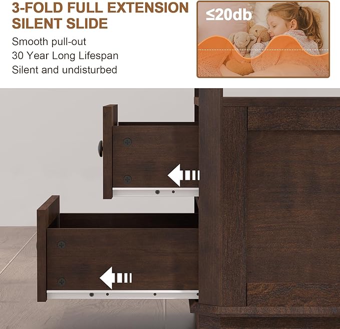 End Table Set of 2 with Charging Station, 24” Tall Sofa Side Table with Rattan Drawer, Anti-Collision Angle Wooden Night Stand for Living Room, Bedroom, Office,Cherry