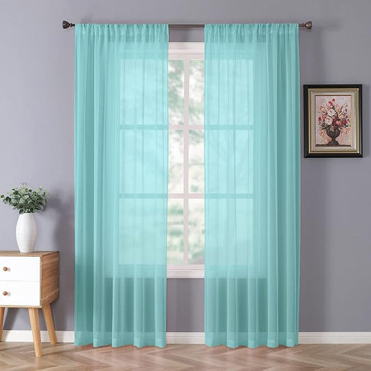 Tollpiz Sheer Curtains Linen Textured Bedroom Curtain Sheers Light Filtering Rod Pocket Voile Curtains for Living Room, 54 x 84 inches Long, Crystal Blue, Set of 2 Panels