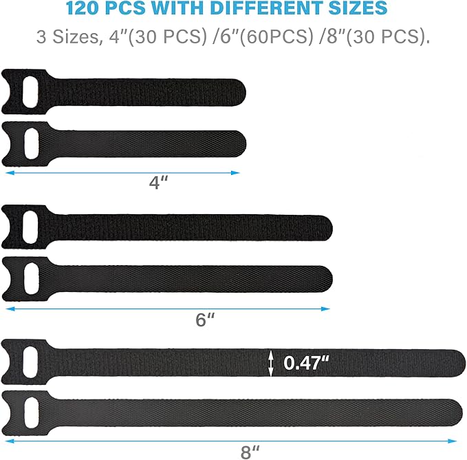120 PCS Reusable Cable Ties with Hook and Loop, Multi-purpose Adjustable Cable Management Wire Ties Cable Straps for Organizing Home, Office and Data Centers (Black, 4"-6"-8")