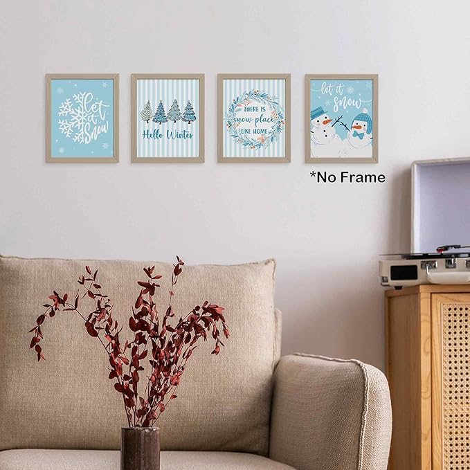 TLESKE Blue Winter Christmas Trees Let It Snow Posters Prints Unframed Set of 4, There Is Snow Place Like Home Wall Art Prints Decor for Bedroom Living Room, Hello Winter Snowmen Snowflakes Pictures, 8x10 Inches