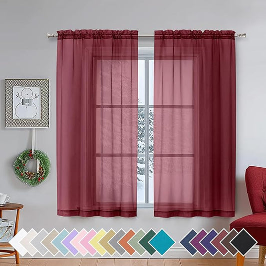Aiyufeng Burgundy Sheer Curtains for Bedroom - Beautiful Semi Sheer Curtains Privacy for Bedroom Bathroom Kitchen Dining Office Window, 40 Wide x 54 inches Long, 2 Pcs