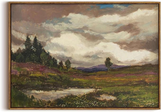 KISSFOX Vintage Landscape Canvas Wall Art Farmhouse Hills Pond Clouds Framed Wall Art Natural Countryside Paintings Artwork Rustic Art Prints For Bedroom Bathroom Living Room