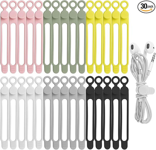 30Pcs Nearockle Silicone Cable Ties for Bundling Earphone, Phone Charger, Computer Cords, Reusable Cord Organizer Cable Management in Home,Office,Kitchen,School (6 Colors)