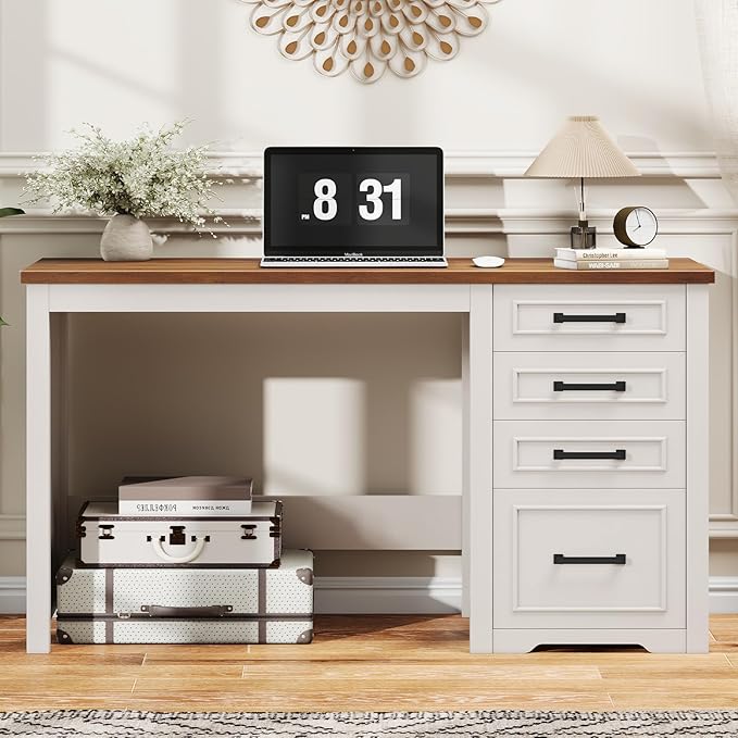 Vabches Farmhouse 49” Executive Desk with File Drawer, 4 Drawers Reversible Computer Desk with Storage, Rustic Home Writing Workstation for Home Office.White Brown