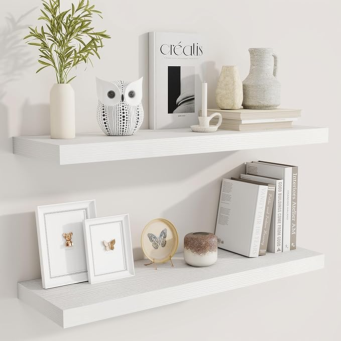 Fun Memories 32 Inch Floating Shelves for Wall, 9 Inch Deep White Rustic Wood Wall Mounted Shelves for Bathroom, Bedroom, Living Room, Set of 2