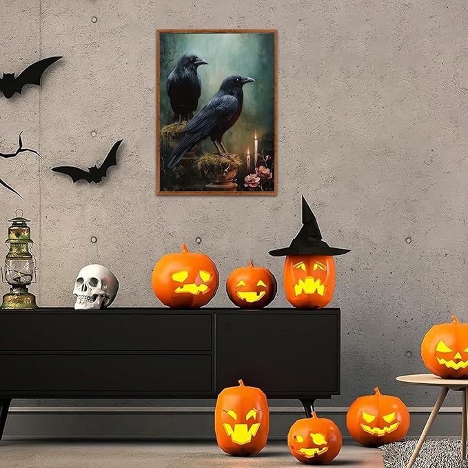 LHIUEM 12”X16”Black Crows Halloween Framed Decor Gothic Crows Canvas Wall Art Dark Academia Crow Decor Twilight Party Decorations Vintage Halloween Raven Wall Art Victorian Goth Pictures for Home