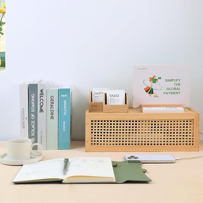 HTB Pinewood Cable Management Box with Bamboo Rattan Mesh - Vintage Cord Organizer for Desk with Valet Tray, Pull-Out Lid Design Safe for Kids and Pets