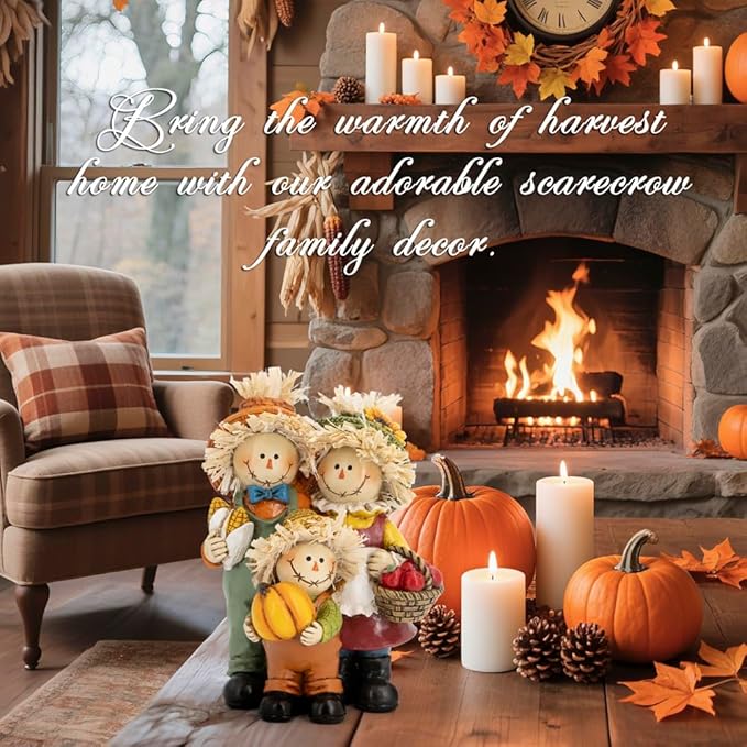 Hodao Fall Scarecrow Family Figurine with Pumpkin, Corn and Apple Basket, Hand-Painted Resin, Autumn Harvest and Thanksgiving Home Decor and Gift for Tiered Tray, Mantel, Tabletop, Windowsill
