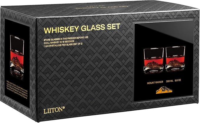 LIITON Mount Rainier Heavy Crystal Whiskey Glasses Gift Set of 2, Thick Freezable Bourbon Glass 1lb Each, Premium Whiskey Gifts for Men, Frozen Crystal Chills Cocktails, 10 oz