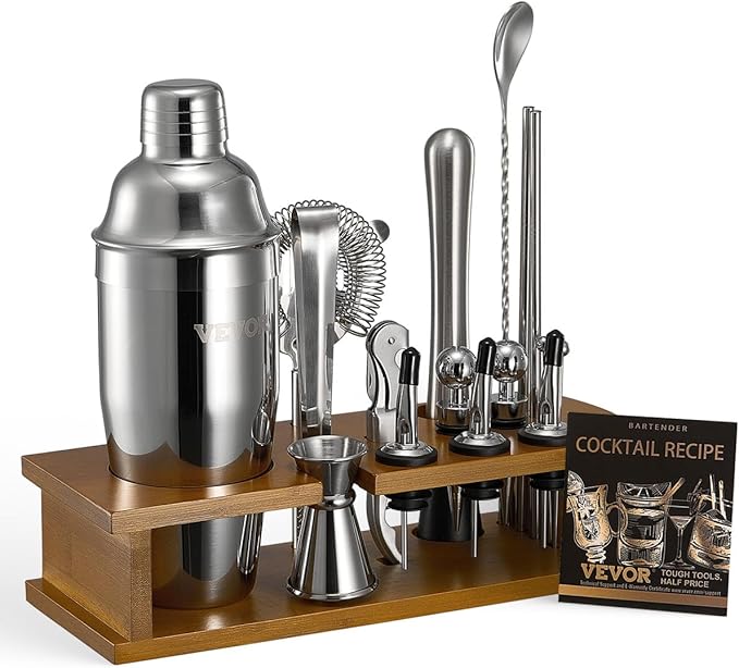 VEVOR Cocktail Shaker Set, 18-Piece Stainless Steel Bar Tools with Bamboo Stand, Martini Bartender Kit Accessories | Mixer Spoon, Muddler, Jigger, Strainer, Liquor Pourers, Ice Tong, Corkscrew, Silver