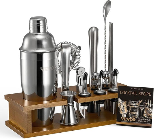 VEVOR Cocktail Shaker Set, 18-Piece Stainless Steel Bar Tools with Bamboo Stand, Martini Bartender Kit Accessories | Mixer Spoon, Muddler, Jigger, Strainer, Liquor Pourers, Ice Tong, Corkscrew, Silver