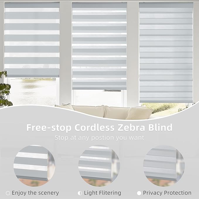 ChrisDowa Cordless Zebra Blinds for Windows, Dual Layer Free-Stop Light Filtering Window Roller Shades, Pull Down Privacy Zebra Shades for Home, Office, Bedroom, Door (45" W x 72" H, Light Grey)