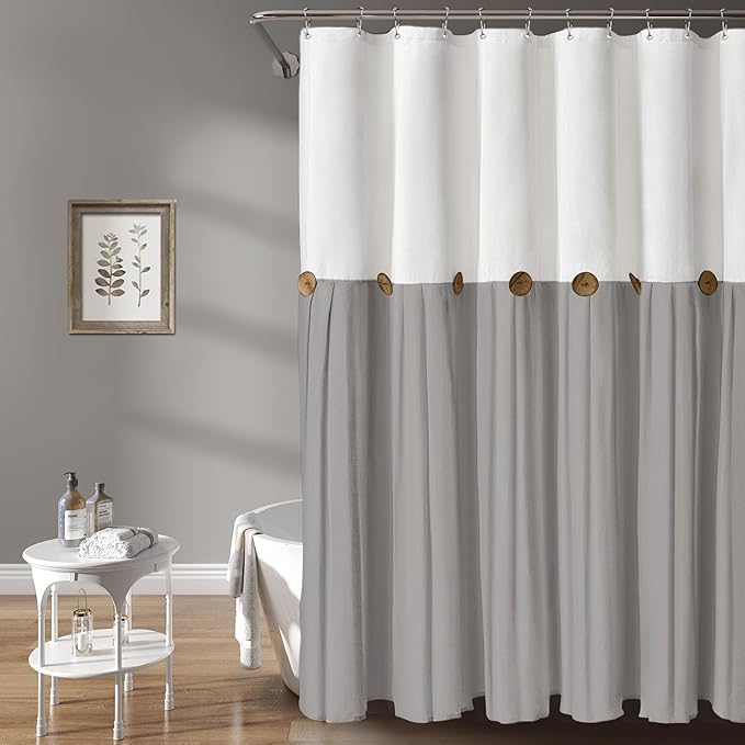 Awellife Farmhouse White Shower Curtain Button Linen Textured Woven Fabric,Country Style (White & Grey, 72" W x 72" L)