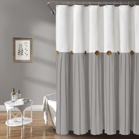 Awellife Farmhouse White Shower Curtain Button Linen Textured Woven Fabric,Country Style (White & Grey, 72" W x 72" L)