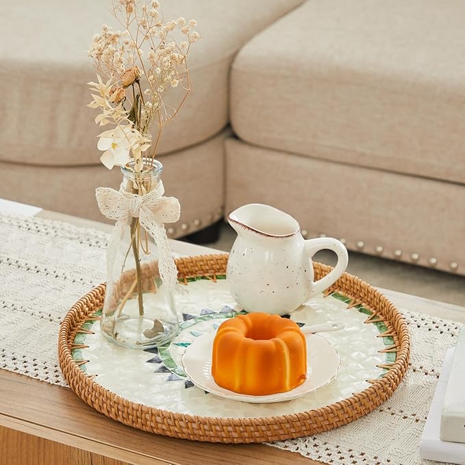 Shellac Rattan Tray with Mother of Pearl Inlay, Round Decorative Serving Tray for Home Décor Coffee Table Storage and Display, 100% Natural Materials- Ottoman Tray - Mix Color 12"