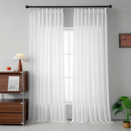 Pinch Pleated Sheer Curtains 108 Inches Long for Living Room Bedroom 1 Panel Light Filtering Pinch Pleat White Semi Sheer Curtains & Drapes for Sliding Glass Door, with Textured, W52 x L108