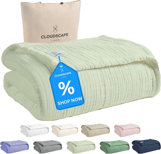 Cloud Scape Linen Extra Large 4 Layer Muslin Throw Blanket - 100% Cotton Gauze, Lightweight & Breathable All Season, Pre-Washed, for Couch & Bed, 50x70, Seafoam Green