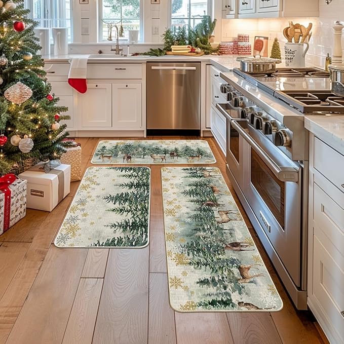Artoid Mode Xmas Trees Deer Snowflakes Christmas Kitchen Mats Set of 2, Winter Home Decor Low-Profile Kitchen Rugs - 17"x29"+17"x36"+17"x47"
