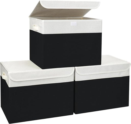 Large 17" 42 Quarts Collapsible Stackable Storage Bins with Lids [3-Pack] Foldable Fabric Linen Storage Boxes Cube, Closet Organizer Baskets with Label for Home (16.7 x 12 x 12", Black & White)