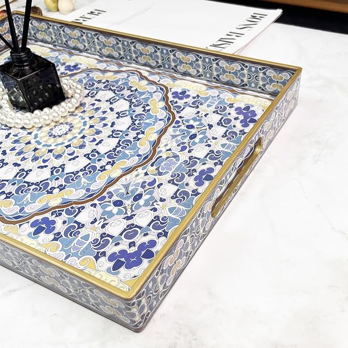 Boho Decorative Tray, Modern Blue Serving Tray with Handles, Ottoman Trays Set of 2, Plastic Coffee Table Tray for Living Room, Bathroom, Kitchen, Decor, Large 15.7”*11.8”, Small 13.7"*9.8"